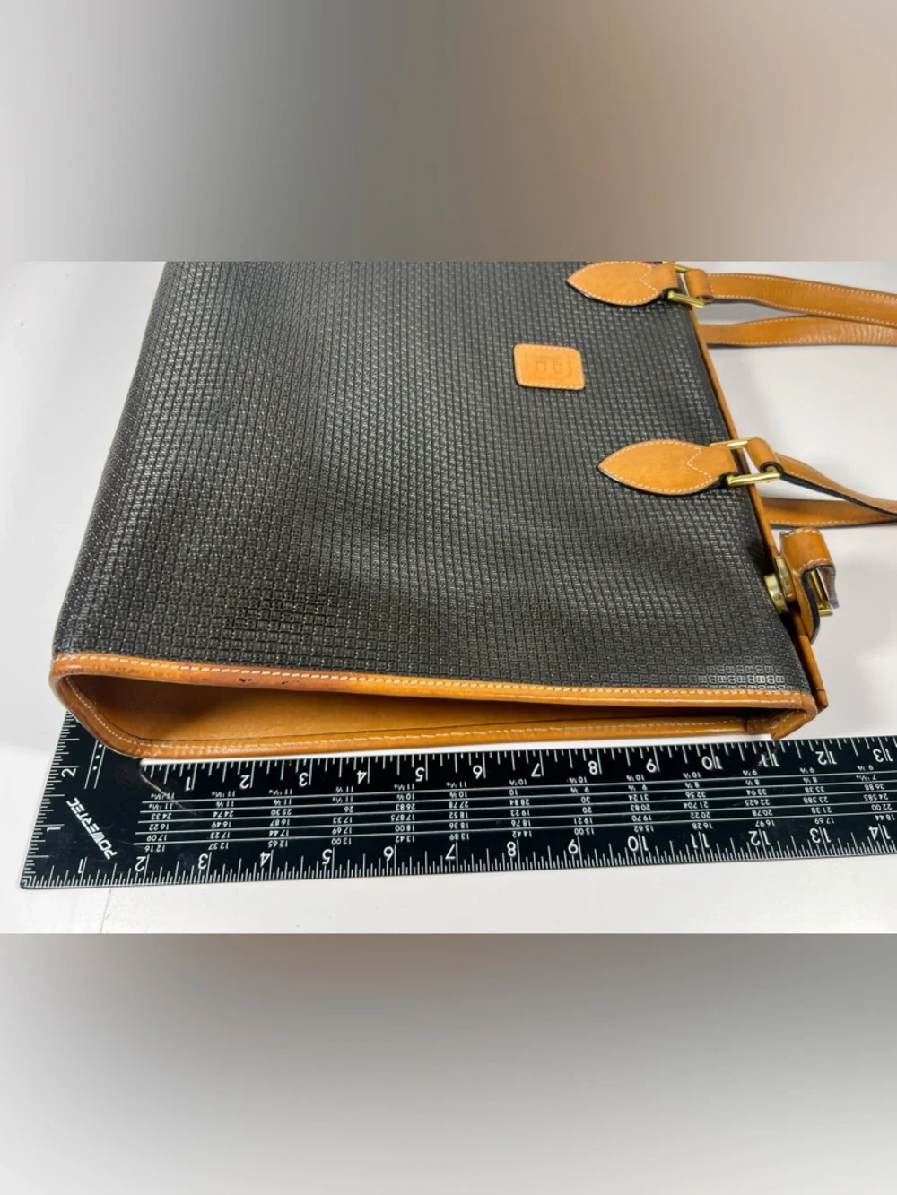 3077: Vintage Bally Micro B Monogram Black & Tan Leather Tote